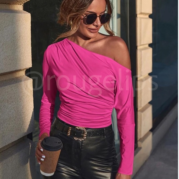 Rouge! Tops - Hot Pink Ruched Asymmetric One Shoulder Long Sleeve Shirt Slim Fit Stretchy